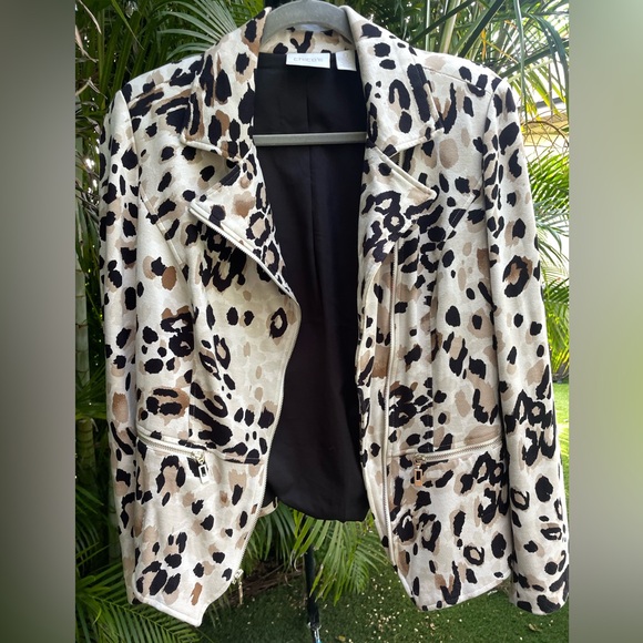 Chico's Cream, Black, and Brown Leopard Animal Print Moto Jacket Size 0 (US 4-6) - Picture 2 of 10